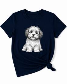 Women's Cute Puppy Dog Print Navy Cotton Short Sleeve Round Neck Casual T-Shirt - 藍色01 - 查看 3