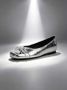 1 Pair 35-40 Size Silver & Black Pleated Bow Flat Shoes, Square Toe Split Toe Stitching Soft Leather Granny Shoes, French Vintage Ballet Style Non-Slip Soft Sole Low Vamp Driving Loafers, Suitable For Commuting, Daily Outings, Dating And Shopping, All-Season Versatile Women's Casual Soft Sole Ballet Shoes - Silver - View 3