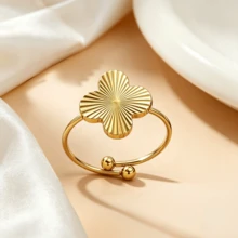 18K镀金可调节四叶草戒指，女士款，简约闪耀纹理幸运草设计，个性戒指，礼品 - 彩色 - 查看 7