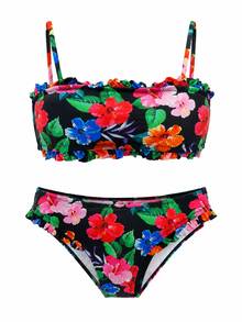 OCENASUN10 Women's Floral Print Bikini With Bandeau Top, Removable Cups, Crisscross Lace-Up Back And Side Adjustment Bottoms - Black - View 2