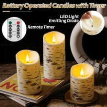3 Packs Flameless LED Birch Bark Pillar Candles, Remote Control & Timer, Realistic Dancing Warm Flickering Flame, 2xAA Battery Powered, Rustic Decor Indoor Outdoor For Wedding, Party, Birthday, Dining Table & Home Ornament - 3pack-with Remote - View 1
