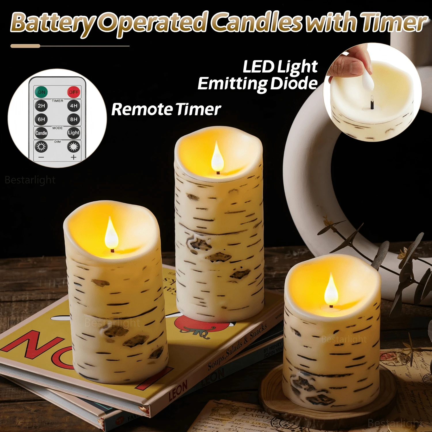 3 Packs Flameless LED Birch Bark Pillar Candles, Remote Control & Timer, Realistic Dancing Warm Flickering Flame, 2xAA Battery Powered, Rustic Decor Indoor Outdoor For Wedding, Party, Birthday, Dining Table & Home Ornament - 3pack-with Remote - View 1