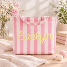 1pc Personalized Name Striped Beach Tote Bag, Customized Name Summer Pool Handbag, Large Capacity Vacation Shopping Shoulder Bag, Suitable For Travel And Daily Use, Monogrammed - Multicolor - View 6