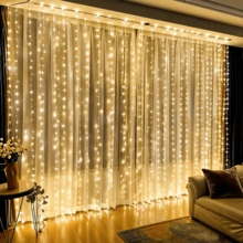 Decoración para fiestas de boda, decoración de patio, luces de hadas, decoración festiva, luces de cortina con 8 funciones alimentadas por USB, decoración de cumpleaños, control remoto con 8 modos de parpadeo, adecuado para Navidad, Halloween, decoración de jardín, luces de cadena colgantes, luces de cadena para decoración de camping, decoración de ambiente para sala de estar, dormitorio y cocina, luces colgantes de colores, decoración de guirnalda de cuento de hadas - Cadena de luces de cortina USB - Ver 25