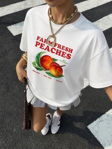 Camiseta holgada con estampado de frutas "FARM FRESH PEACHES" en blanco, top casual de estilo callejero de verano Y2K para mujer - Blanco - Ver 1