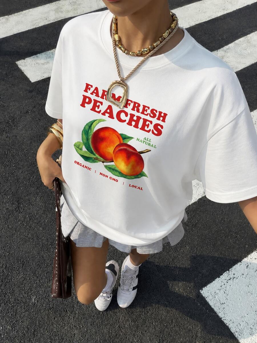 Camiseta holgada con estampado de frutas "FARM FRESH PEACHES" en blanco, top casual de estilo callejero de verano Y2K para mujer - Blanco - Ver 1