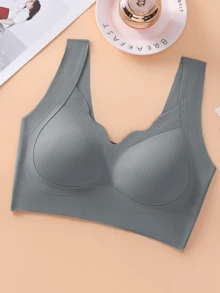 4套女款無鋼圈套裝內衣，羅紋波浪V領背心式內衣搭配內褲，日常穿著 - 彩色 - 查看 4