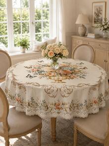 French Country Style Floral Tablecloth, Polyester Material Dining Table Cover, Printed With Pale Rose Bouquet, Blue Flowers, Butterflies And Elegant Scroll Border Pattern, Suitable For Wedding, Kitchen, Banquet And Home Decor Elegant Tea Break Decoration - Multicolor - View 19