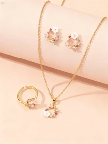4pcs Rose Gold Cubic Zirconia Flower & Pearl Necklace, Earrings, Ring Set For Women - Multicolor - View 3