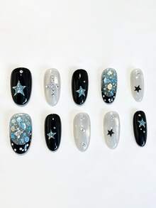 10pcs Pure Handmade Press On Nails Long Oval Nail Black White And Blue Cat Eye Nails With Dots Stars And Shimmering Sequins Cute Fancy Pain Y2k Gentle Elegant For Women And Girl,Spring Summer Fall Winter,Holiday And Daily Life Use - Black and White - View 1