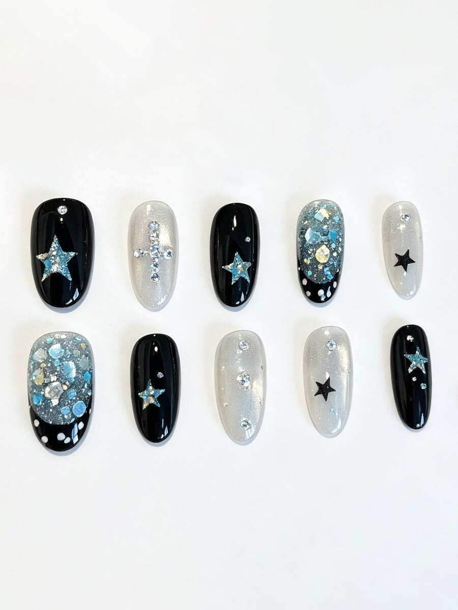 10pcs Pure Handmade Press On Nails Long Oval Nail Black White And Blue Cat Eye Nails With Dots Stars And Shimmering Sequins Cute Fancy Pain Y2k Gentle Elegant For Women And Girl,Spring Summer Fall Winter,Holiday And Daily Life Use - Black and White - View 1