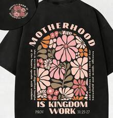 Vintage Washed Oversized Tee 2026 Summer TopsRetro Washed Double Sided Printed Gray T-Shirt (230g Pure Cotton T-Shirt) Motherhood Is Kingdom Work Chri - 黑色 - 查看 1