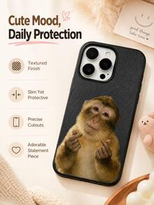 1pc Funny Vertical Monkey Style Black Litchi Texture Skin-Friendly Matte Soft Shell Full Coverage Anti-Drop Phone Protective Case For IPhone Series, Viral Monkey Pattern - Black - View 7