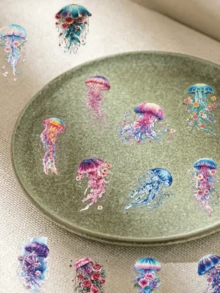 50 piezas Pegatinas de medusas de la isla del bosque, pegatinas de medusas de PET transparente, adecuadas para fundas de teléfono con forma asimétrica, portátiles, botellas de agua y álbumes de recortes, útiles escolares - 1 Set - Ver 8