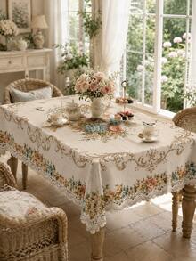 French Country Style Floral Tablecloth, Polyester Material Dining Table Cover, Printed With Pale Rose Bouquet, Blue Flowers, Butterflies And Elegant Scroll Border Pattern, Suitable For Wedding, Kitchen, Banquet And Home Decor Elegant Tea Break Decoration - Multicolor - View 15