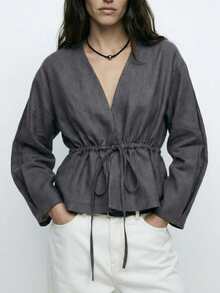 Blus Wanita, Kardigan Kasual dengan Tali Serut, Cocok untuk Rapat, Jalan-jalan, dan Liburan, Dapat Dipakai Sepanjang Tahun. - Dark Grey - View 4