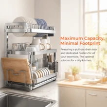 Kitchen Accessories, Large Capacity Stainless Steel Dish Drying Rack - Double Layer Kitchen Dish Rack With Drip Tray, Multi-Functional Rust-Proof Dish Drying Rack, Suitable For Home Kitchen Countertop - Space-Saving, Easy To Clean, Durable Kitchen Accessory - Silver - View 1