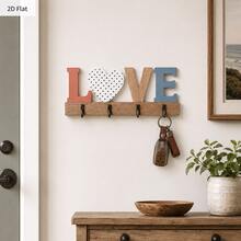 2D平面復古木製「HOME」 「LOVE」 「HELLO」 「WELCOME」鑰匙掛鉤，多功能居家鑰匙架，附4個金屬掛鉤，適用牆面、門廊、房間裝飾 - 彩色 - 查看 17
