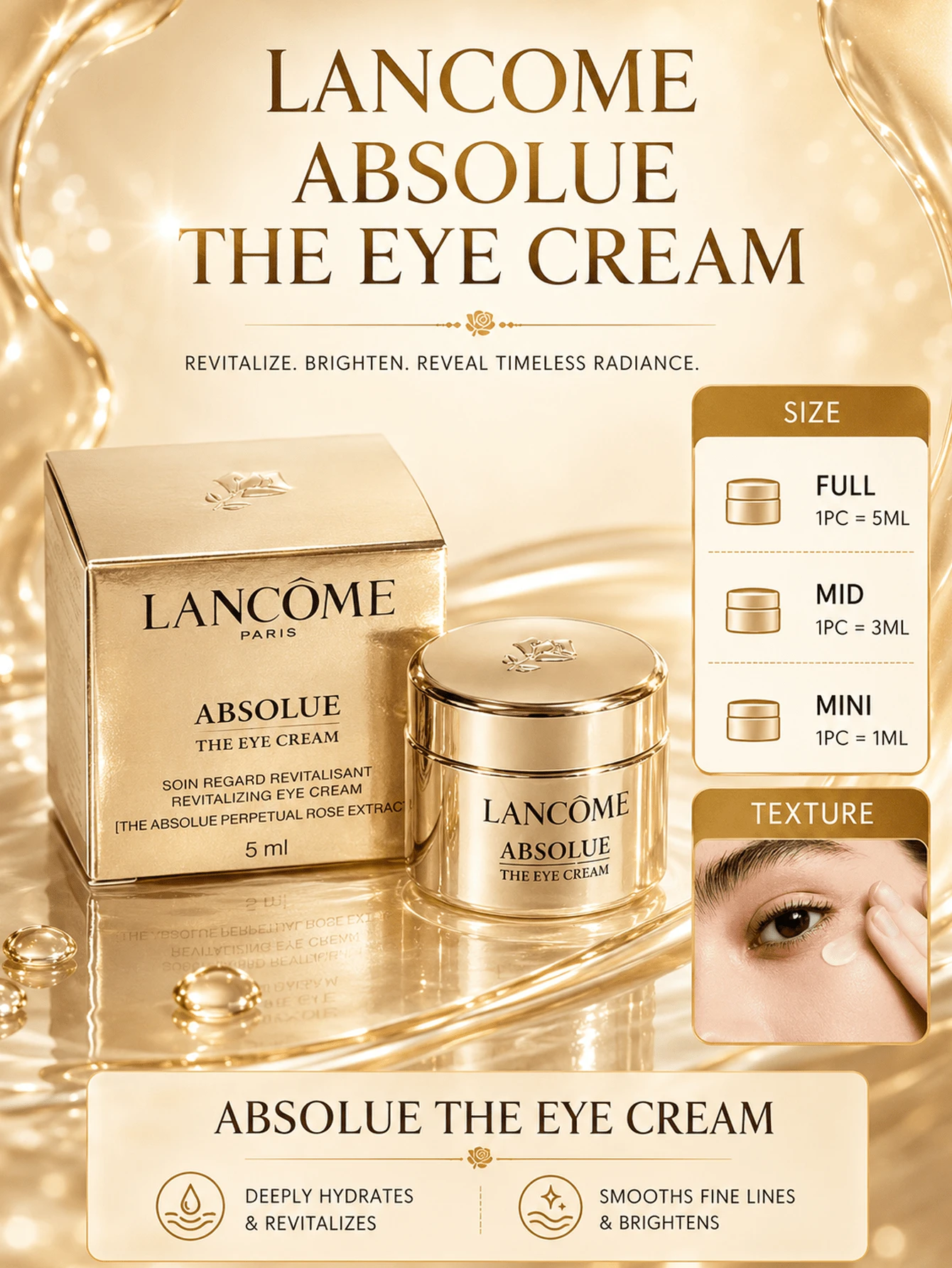 Lancôme 兰蔻全新臻致眼霜,20/5/3/1毫升,提拉紧致,提亮肤色,滋润眼周肌肤,抗皱,淡化黑眼圈,强韧修护,多重功效成分令眼周肌肤饱满紧致,焕发青春光彩,适合所有肤质,学生、上班族、日常通勤、居家旅行皆可使用,馈赠亲友的理想之选,小巧便携,每日必备眼部护理产品。 - 蘭蔻菁純眼霜 - 查看 1