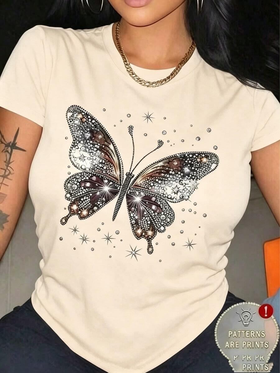 Women's Basic Short-Sleeve T-Shirt Autumn/Winter 2025 - Round Neck, Loose Fit, Stylish Butterfly Print, Soft Fabric With Excellent Drape. Super Versatile! - 杏蝴蝶 - 查看 1