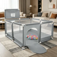 Zaun,Laufstall,großer Gürtelzaun, Oxford-Stoffzaun, Zaun für Wohngebäude, mit Basketballkorb, 50 Bälle, 4 Saugnäpfe, 126 * 126 * 66 cm - Dunkelgrau - Übersicht 2