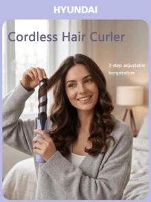 HYUNDAI 2-In-1 Mini Wireless Tourmaline Ceramic Hair Curler/Straightener, Smart Constant Temperature, Portable Micro-Coil Hair Straightener/Curler, Convenient For Business Travel - Mauve Purple - View 1
