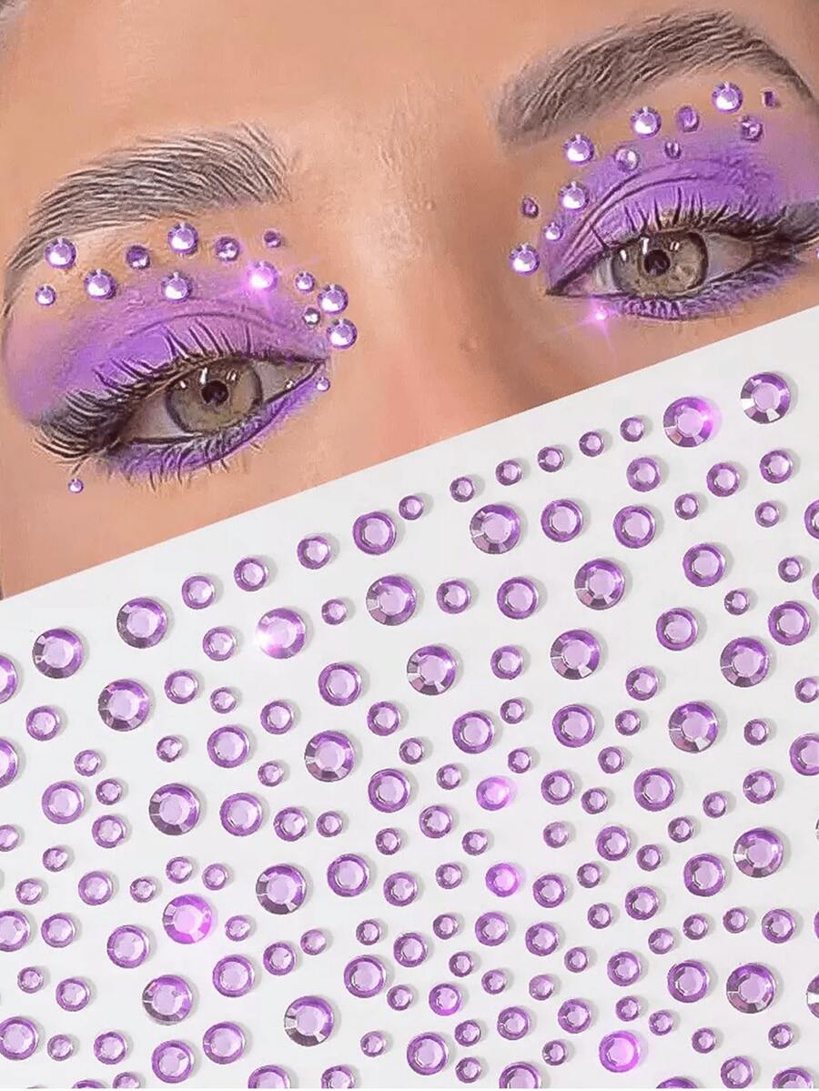 2 Pieces Sparkling Pink Rhinestone Body Gems, 3D Jewelry Stickers For Party Makeup, Accessories, Rhinestone Stickers For Y2K Style, Music Festival - Purple - View 1