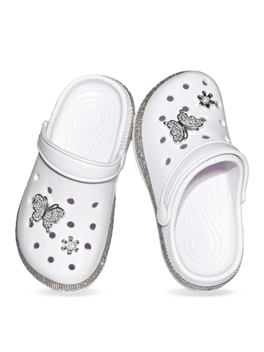 HOEASE Sandal Bakiak EVA untuk Anak Perempuan, Sepatu Pantai Musim Panas yang Bernapas & Sepatu Taman untuk Anak Laki-laki dan Perempuan, Desain Slip-On, Dekorasi Rhinestone Berkilau, Alas Kaki Sepanjang Musim - Putih - View 1