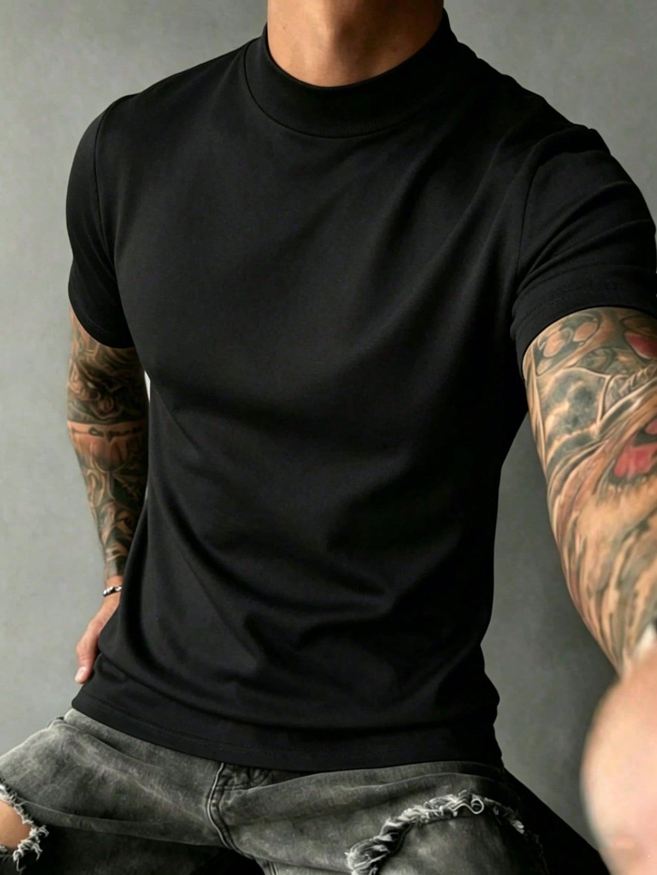Men's Summer Casual Fashion Versatile Minimalist Solid Color Mock Neck Short Sleeve T-Shirt - Black - View 1