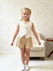 Left Mama Girls Casual Jacquard Vest & Shorts Set, Versatile Daily Wear For Summer - White - View 1