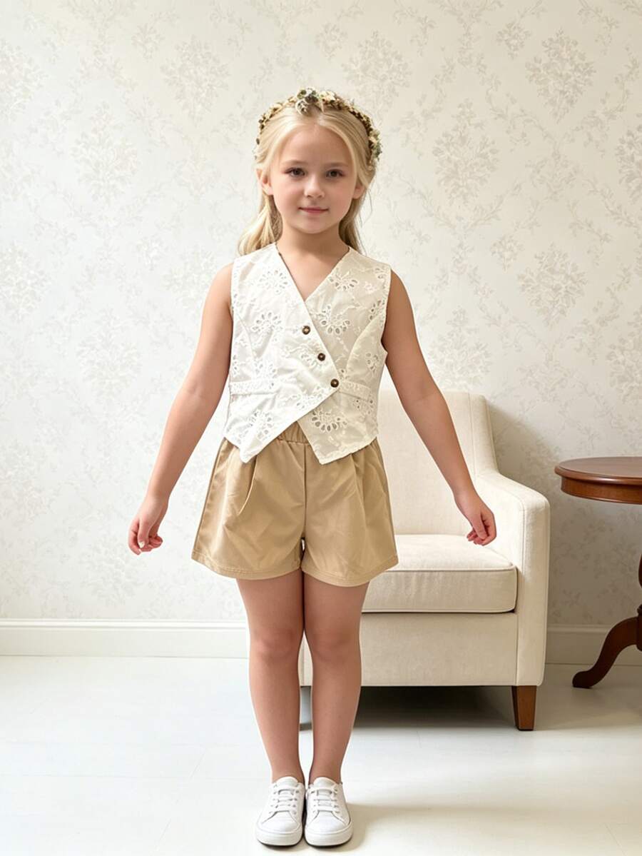 Left Mama Girls Casual Jacquard Vest & Shorts Set, Versatile Daily Wear For Summer - White - View 1