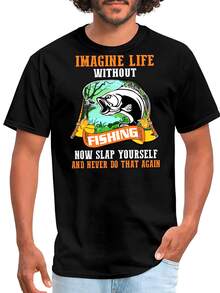 puro con cuello redondo, estilo casual, corte regular, tejido de punto, color sólido con detalles de apliques, camiseta con estampado "Imagina una vida sin pesca", camiseta de pesca de 180g. - Negro - Ver 2