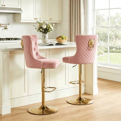 JIEMAX Set Of 2 Luxury Glam Pink Velvet Swivel Bar Stools, Adjustable Height, Gold Lion Head & Diamond Quilted Back With Rivet Trim For Kitchen Island & Home Bar