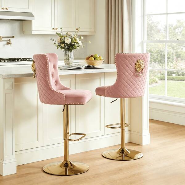 JIEMAX Set Of 2 Luxury Glam Pink Velvet Swivel Bar Stools, Adjustable Height, Gold Lion Head & Diamond Quilted Back With Rivet Trim For Kitchen Island & Home Bar