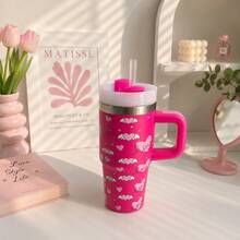 600ml Thermal Mug With Handle, Lid And Straw – Flower Print 1866-600ml - 粉色 - 查看 6