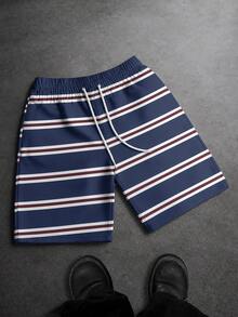 FRACTYR Men's Summer Casual American Street Style Navy White Red Three-Color Horizontal Striped 5-Inch Casual Shorts, Comfortable And Breathable Suitable For Outdoor Wear, Summer Sports Distressed American Collegiate Style Elastic Waist Loose Athletic Mid-Length Shorts - Blue - View 5