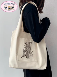 Bolso de lona con estampado de línea de hongo minimalista y de moda - Beis - Ver 4