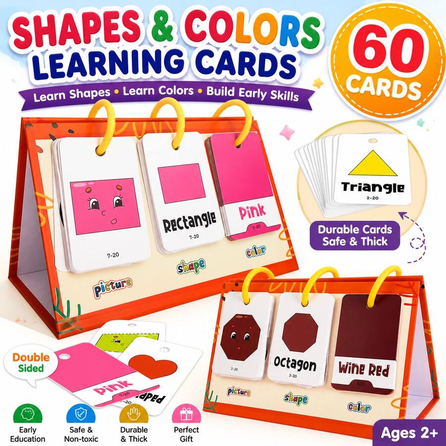 60 PIEZAS Tarjetas de Formas & Colores – Aprende Formas y Colores Tarjetas para Niños – Recurso de Educación Temprana para Preescolar & Jardín de Infantes – Suministros para Maestros – Ayudas de Enseñanza para el Hogar - Multicolor - Ver 1