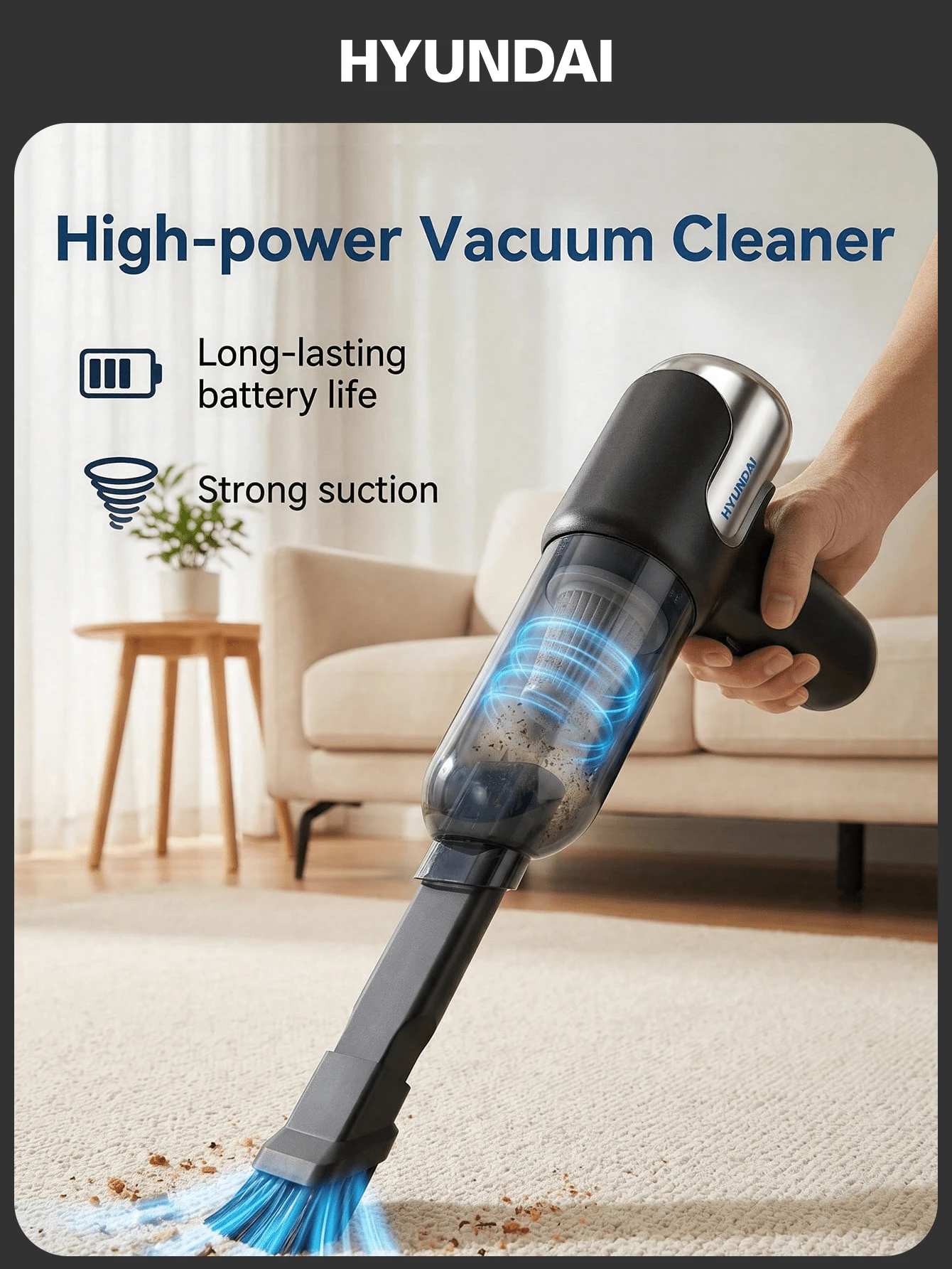 HYUNDAI Portable Rechargeable Vacuum Cleaner, Lightweight Compact Handheld Vacuum, Multi-Functional Cleaning Vacuum Suitable For Home, Car, Pet Hair Cleaning, A Household Essential - Cordless - View 1