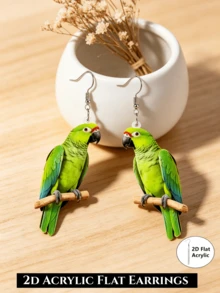 2D Flat Green Parrot Pendant Earrings, Fashionable And Cute, Stainless Steel Ear Hooks, Flat Acrylic Pendant, Suitable For Daily And Party Wear, Exquisite Gift - Green Parrot - View 3