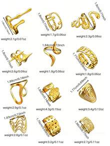 12pcs Fashionable & Elegant Stainless Steel Rings, Suitable For Women's Daily Life, Work Commute, Vacation, Party, Or Hanging Out With Friends - Yellow Gold - View 12