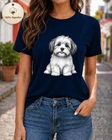 Women's Cute Puppy Dog Print Navy Cotton Short Sleeve Round Neck Casual T-Shirt - 藍色01 - 查看 1