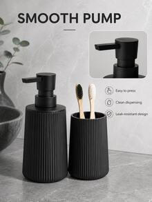 2pcs Matte Black Striped Bathroom Set - Soap Dispenser & Toothbrush Holder, Minimalist Luxury Style, Suitable For Bathroom Countertop - Black - View 4
