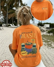 [Women's Summer Clothing] Casual Women's Clothing, Vintage Style, Table And Chair Pattern, "Puro Suco Do BRASIL" Printed Text, Short Sleeves, Oversize - Orange - View 11