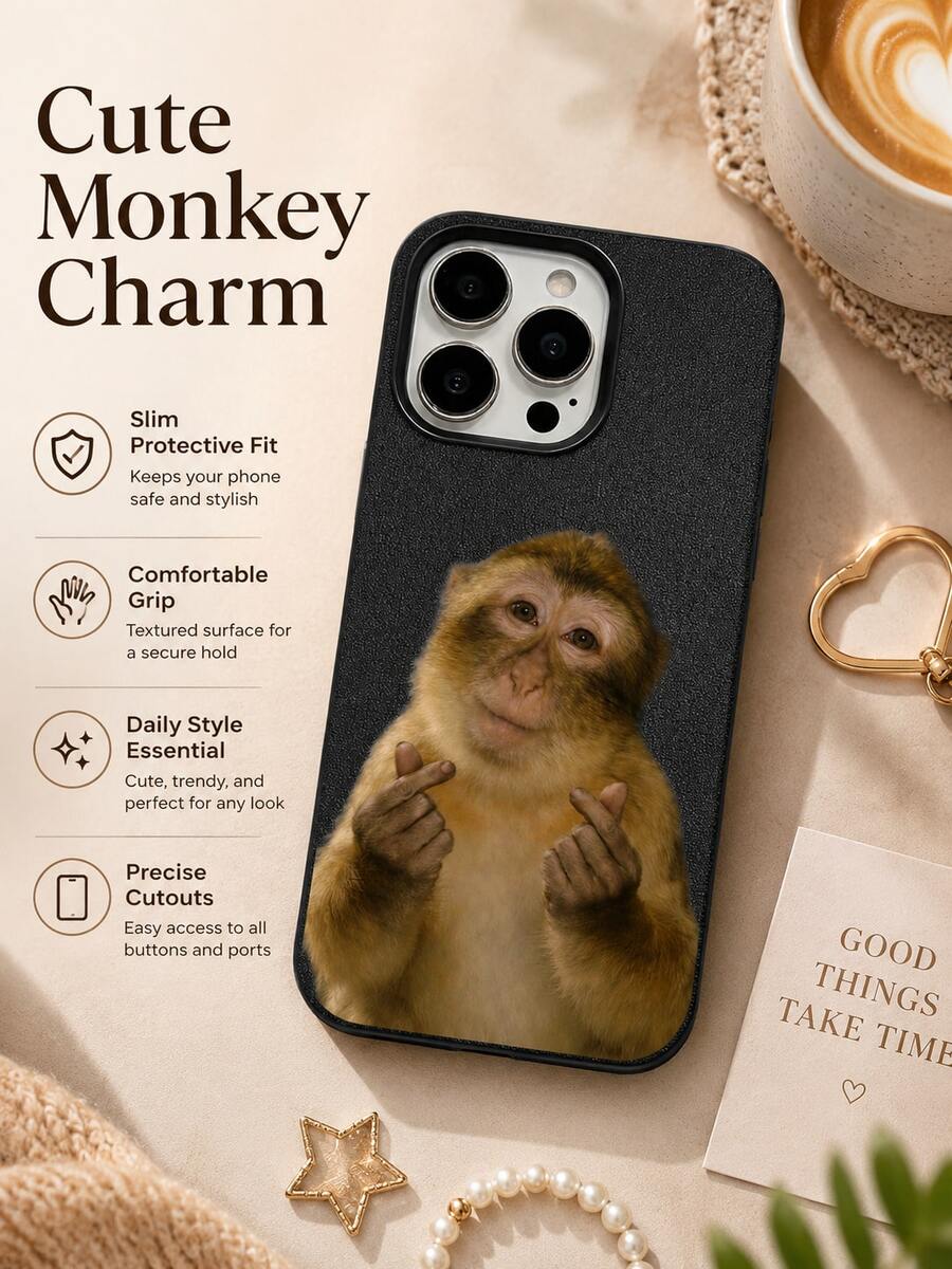 1pc Funny Vertical Monkey Style Black Litchi Texture Skin-Friendly Matte Soft Shell Full Coverage Anti-Drop Phone Protective Case For IPhone Series, Viral Monkey Pattern - Black - View 1