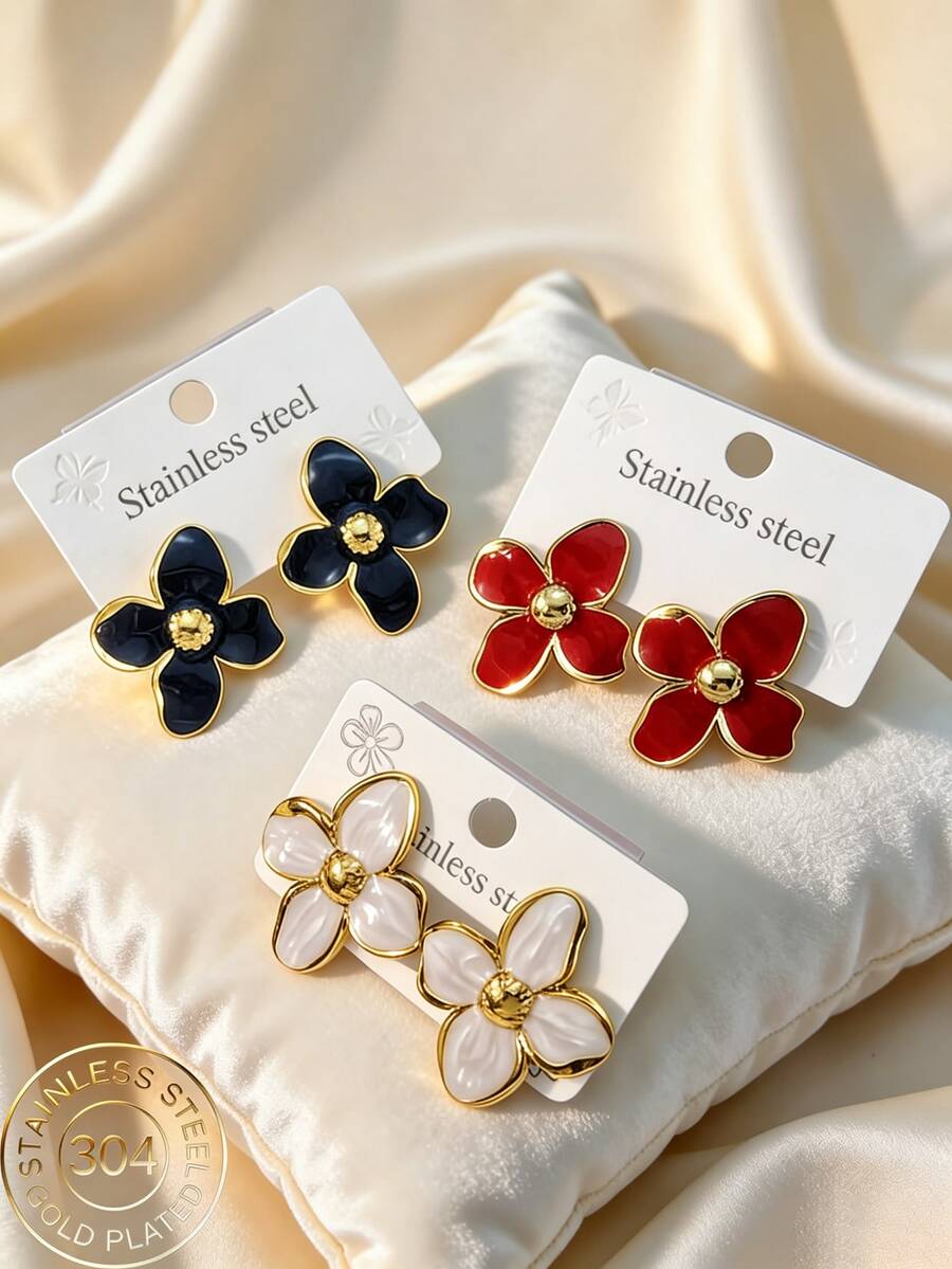 Pendientes de flor roja y dorada, lindos pendientes de flor negra de botón, pendientes florales blancos únicos y de moda, regalo de joyería - Dorado - Ver 1