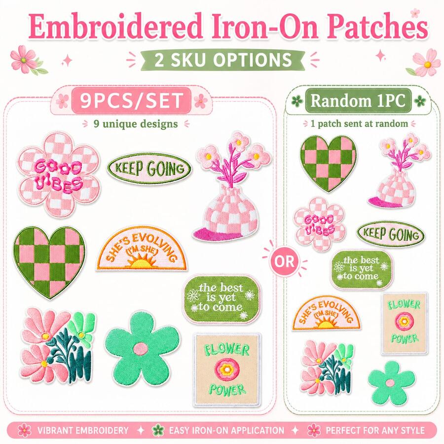 1 pieza/9 piezas de parches bordados con flores aleatorios, apliques lindos para planchar en ropa, bolsos, jeans, chaquetas, decoración DIY - A - Ver 1