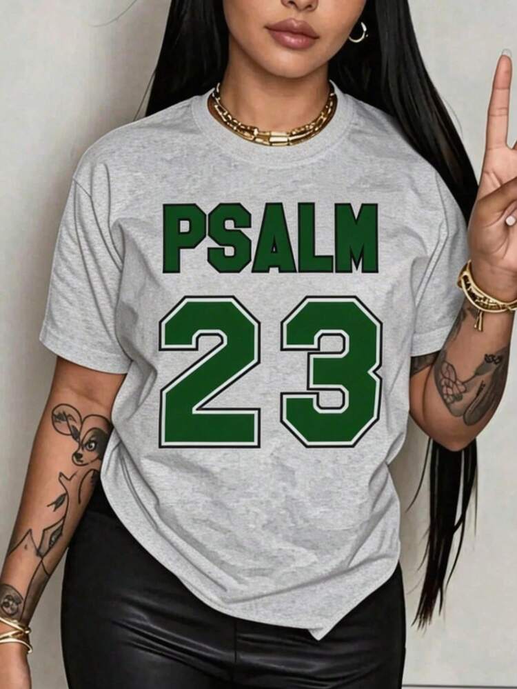 Plus Size Women's Psalm 23 Jersey Premium T-Shirt- Oversized Casual Short Sleeve Round Neck Tee With Bold Green Lettering, Soft Breathable Fabric - 灰色 - 查看 6