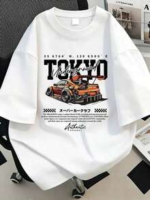 New Women's Cotton Summer T-Shirt, Tokyo Y2K Racing Car Print, Breathable Men's Casual T-Shirt For Everyday Couple Looks - 白色 2 - 查看 6