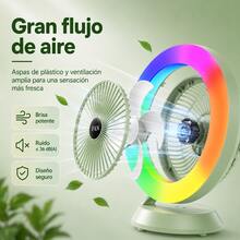 Mini Ventilador con Anillo Luz Arcoíris RGB, Ventilador Inalámbrico Recargable 3 Niveles de Viento - verde - Ver 6